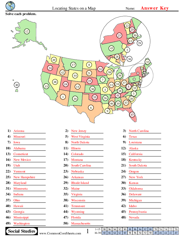  - Locating States on a Map worksheet
